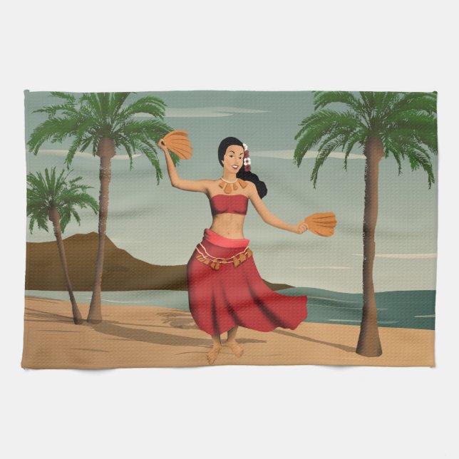 Hawaii Vintage Hula Girl Postcard Kökshandduk (Horisontell)