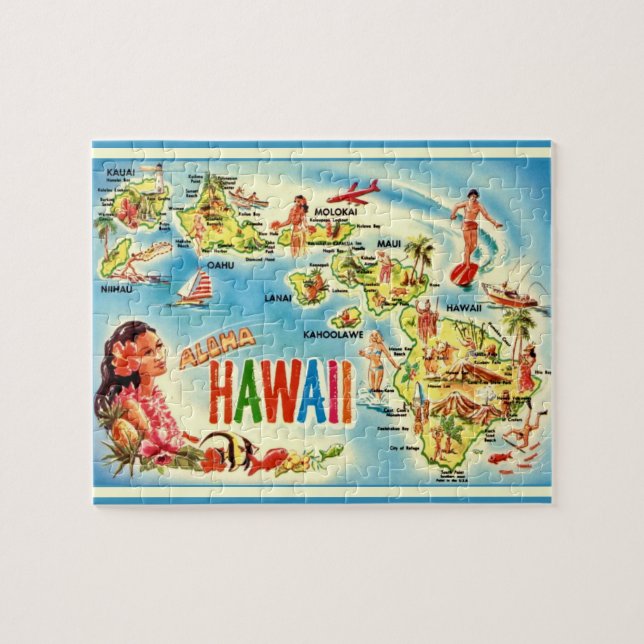 Hawaii Vintage Karta Puzzle Pussel (Horisontell)