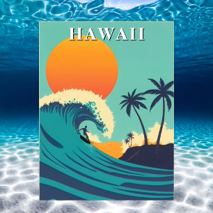 Hawaii Vintage Surfing Solnedgång & Vågor Resa Vykort