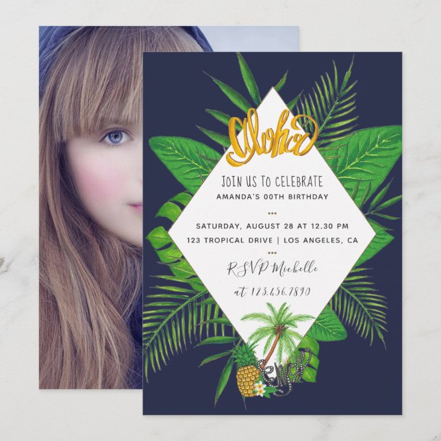 Hawaiian Aloha Luau Födelsedagsfest lägg till bild Inbjudningar (Fram/baksida)