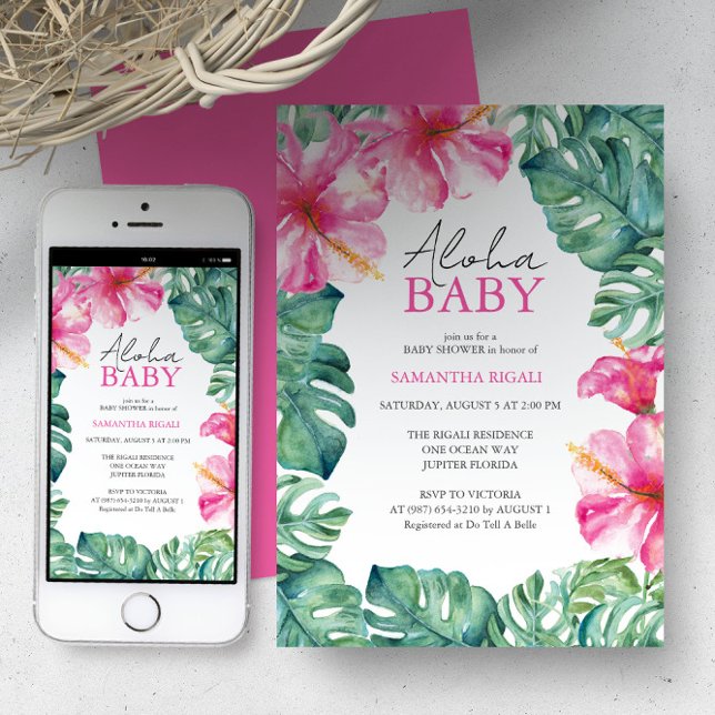 Hawaiian Baby Shower-inbjudningar Tropical Flowers Inbjudningar (Hawaiian baby shower invitations feature watercolor Hibiscus flowers and monstera palm leaves)