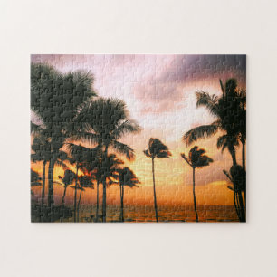 Hawaiian Beach Handflatan Träd Sunset - Hawaii Tra Pussel
