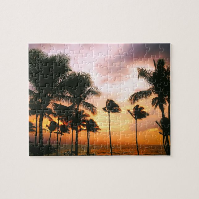 Hawaiian Beach Handflatan Träd Sunset - Hawaii Tra Pussel (Horisontell)