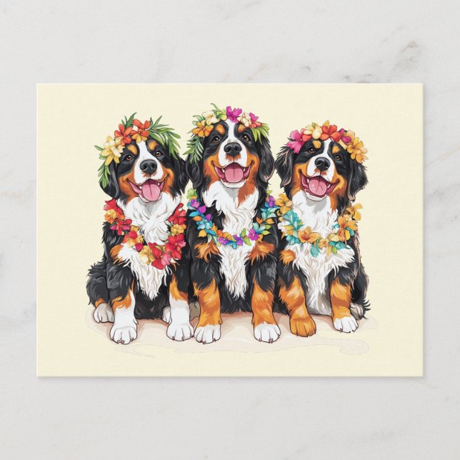 Hawaiian Bernese Mountain Hundar Flower Lei Vykort (Framsida)