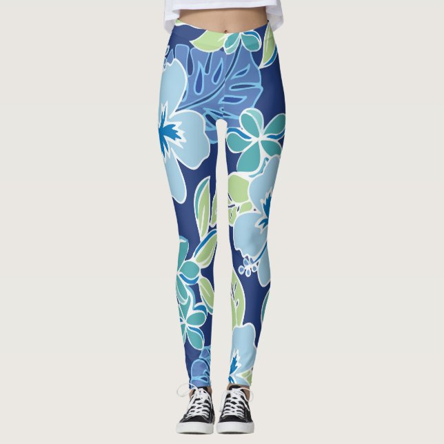 Hawaiian Blue Tropical Foliage Leggings (Framsida)