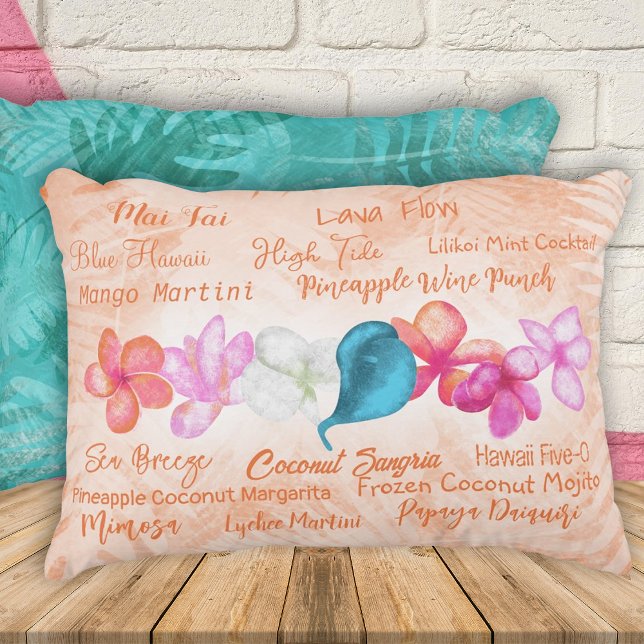Hawaiian Cocktails Tropical Plumeria Flowers Accen Prydnadskudde (Coral Orange, Pink, Turquoise Throw Pillow, Tropical Hawaiian Flowers Popular Cocktail Names)