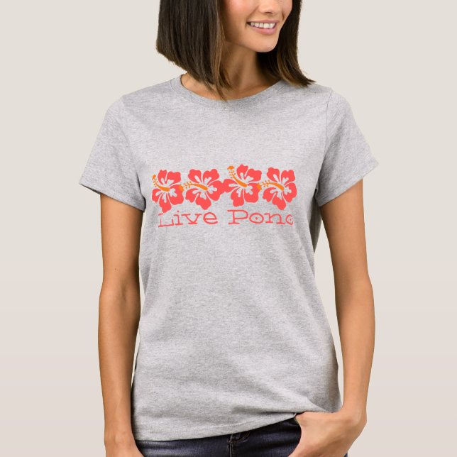 Hawaiian Coral Hibiscus "Live Pono" Surfer Retro T-shirt (Framsida)