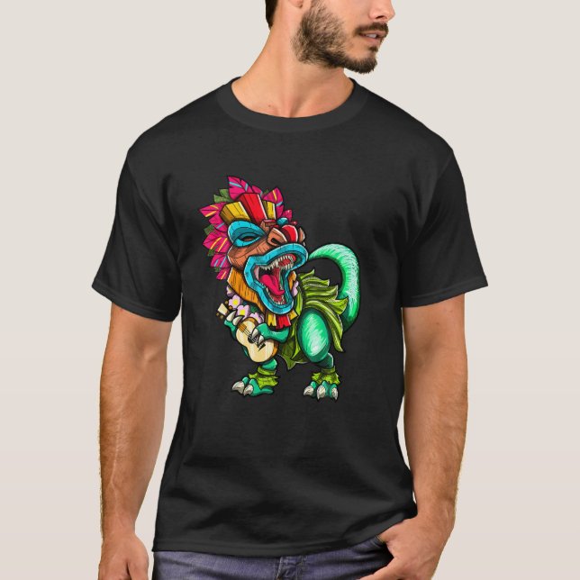 Hawaiian Dinosaur Rex Aloha Family Tiki Luau Party T Shirt (Framsida)