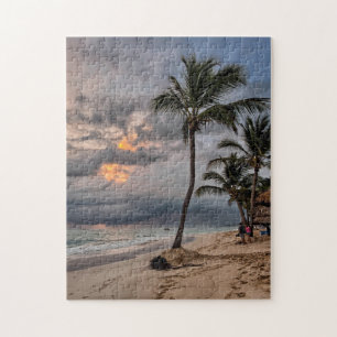 Hawaiian Exotic Beach Handflatan Träd & Sunrise Pussel