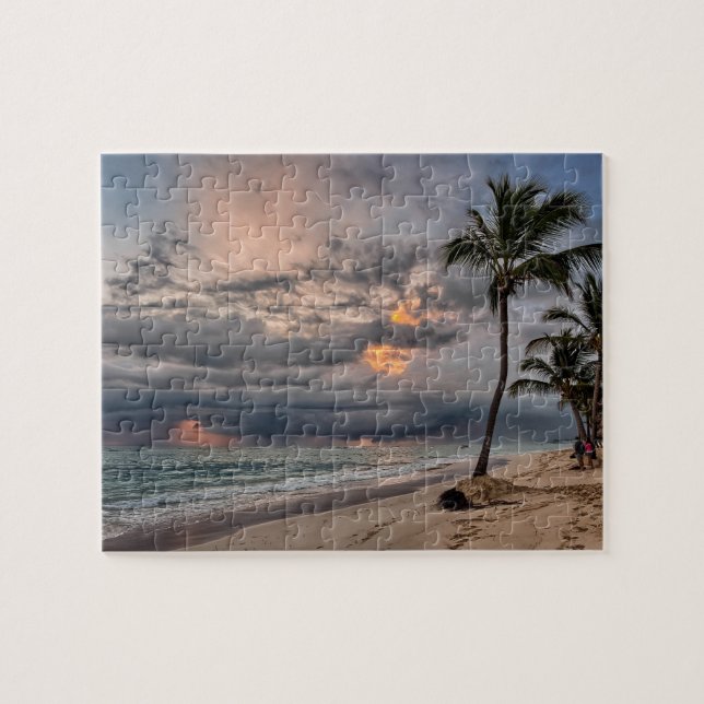 Hawaiian Exotic Beach Handflatan Träd & Sunrise Pussel (Horisontell)