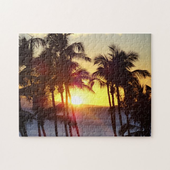 Hawaiian Exotic Beach Handflatan Träd Sunset Pussel (Horisontell)