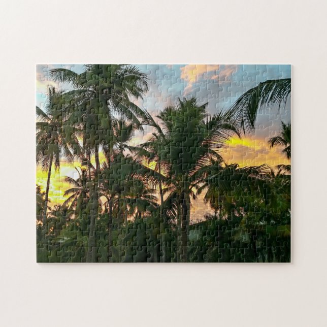 Hawaiian Exotic Beach Handflatan Träd Sunset Pussel (Horisontell)