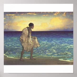 Hawaiian Fisherman, träblocktryck Poster