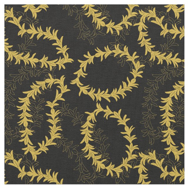 Hawaiian Flower Garlands Patterned Black och Guld Tyg (Närbild)
