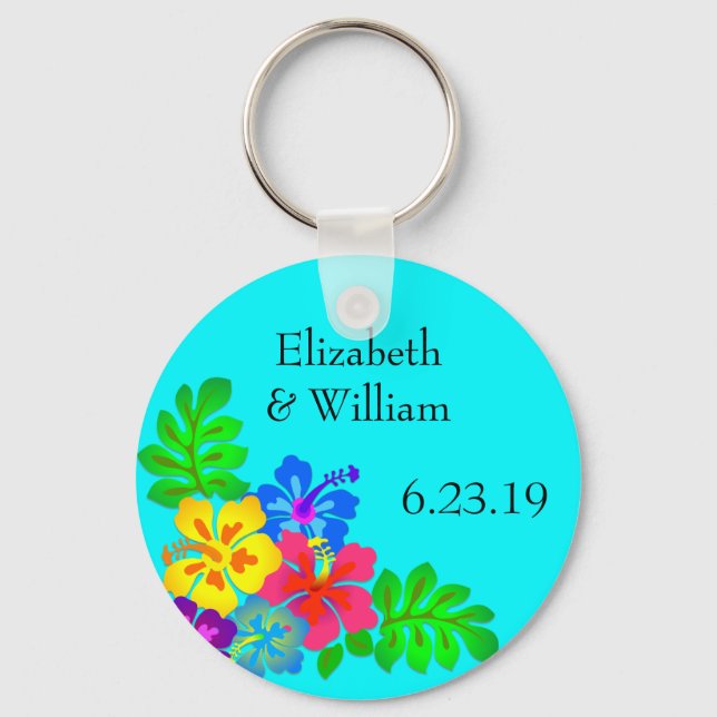 Hawaiian Flowers Aqua Wedding Favor Nyckelring (Framsida)