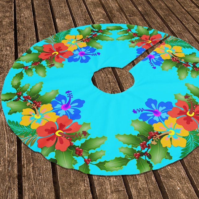 Hawaiian Flowers Hibiscus Aqua Julgransmatta Borstad Polyester (Skapare uppladdad)