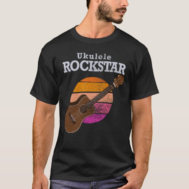 Hawaiian Funny Ukulele Rockstar Retro Sunset T Shirt (Framsida)