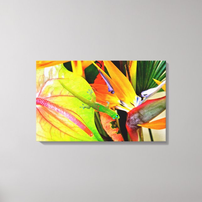 Hawaiian Gecko på Tropical Flowers Canvastryck (Framsida)