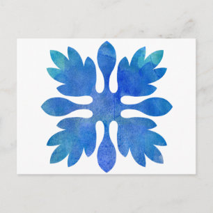 Hawaiian Ginger Quilt Ocean Blue Watercolor Vykort