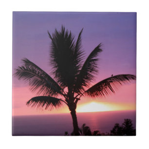 Hawaiian Handflatan Träd & Colorful Sunset Kakelplatta