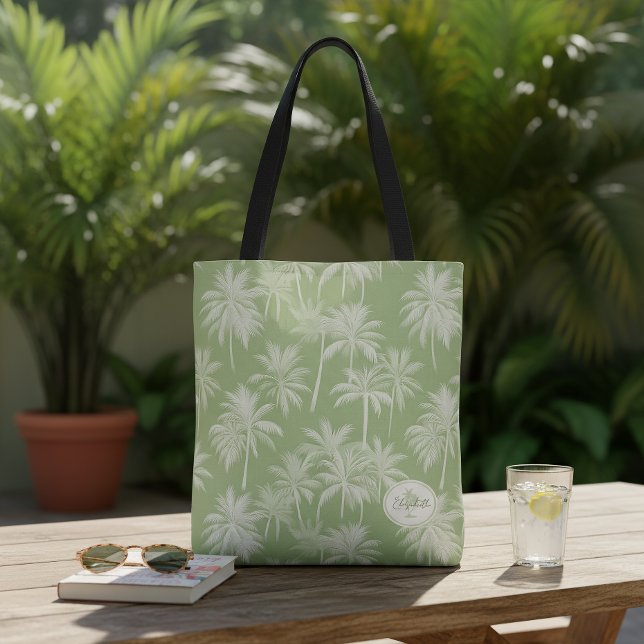 Hawaiian Handflatan Träd Silhouette Mönster Grönt  Tygkasse (Skapare uppladdad)