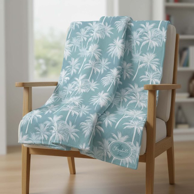 Hawaiian Handflatan Träd Silhouette Mönster Teal I Fleecefilt (Skapare uppladdad)