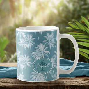 Hawaiian Handflatan Träd Silhouette Mönster Teal I Kaffemugg
