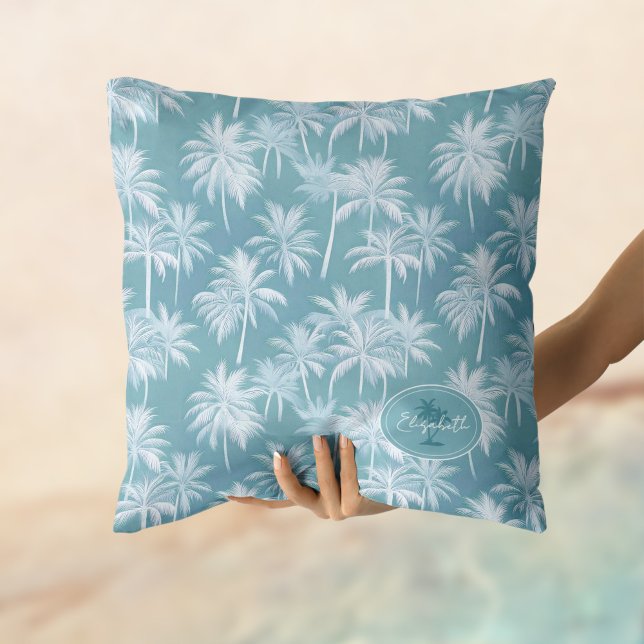 Hawaiian Handflatan Träd Silhouette Mönster Teal I Kudde (Skapare uppladdad)