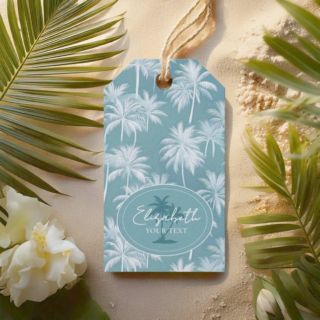 Hawaiian Handflatan Träd Silhouette Mönster Teal I Presentetikett (Skapare uppladdad)