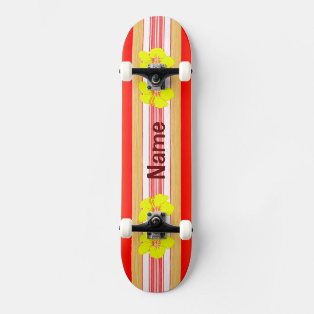 Hawaiian Hibiscus Red Surfboard Skateboard Bräda 21,5 Cm (Framsida)