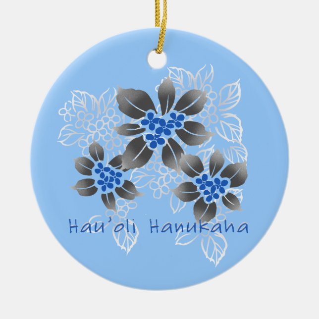 Hawaiian Holly Hanukkah Blue Blommigt Julgransprydnad Keramik (Framsidan)
