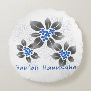 Hawaiian Holly Hanukkah Blue Blommigt Rund Kudde