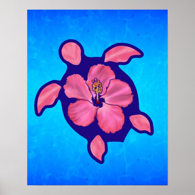 Hawaiian Honu Turtle och Hibiscus Poster (Framsidan)