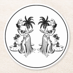 Hawaiian Hula Dancers Tropical Island Retro Tiki Underlägg Papper Rund