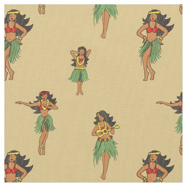 Hawaiian Hula Dancing Girls Vintage Mönster Tyg (Närbild)