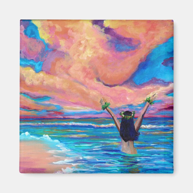 Hawaiian Hula Girl vid Sunrise Magnet (Framsidan)