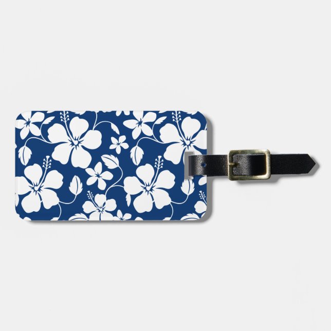 HAWAIIAN HULA (HIBISCUS) NAVY LUGGAGE TAG BAGAGEBRICKA (Horisontell Framsida)