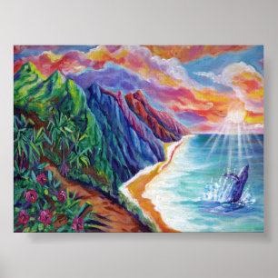 Hawaiian Humpback Whale Breaching in Sunset Poster