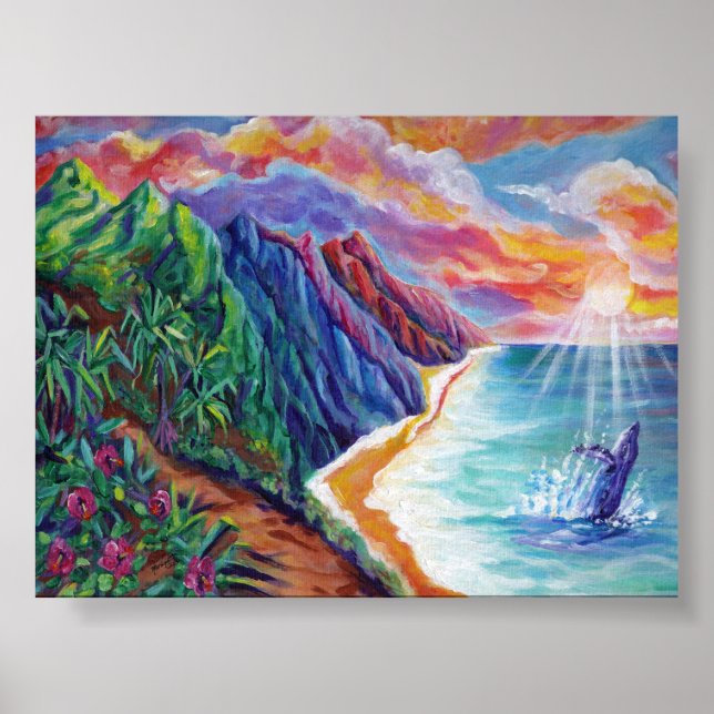 Hawaiian Humpback Whale Breaching in Sunset Poster (Framsidan)