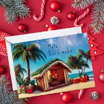 Hawaiian Jul Bungalow på Beach Kort<br><div class="desc">Den konstnärliga och vismliga hawaiiska stranden har dekorerat för helgdagarna på en vacker strand. Finns även som vykort eller magnet. Kan vara personlig!</div>