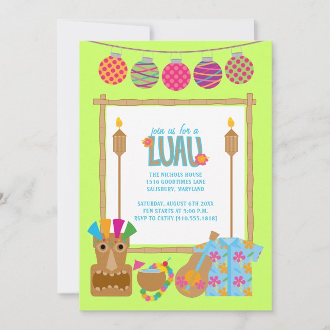 Hawaiian Luau-partiets inbjudningar (Framsida)