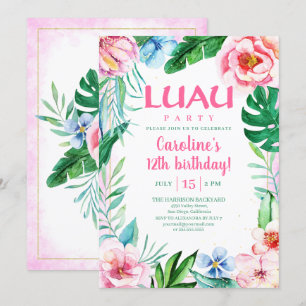 Hawaiian Luau Party Tropical Blommigt Rosa Birthda Inbjudningar
