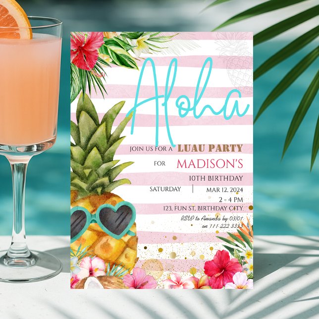 Hawaiian Luau Pineapple Tropical Girl Birthday Inbjudningar (Hawaiian Luau Pineapple Tropical Girl Birthday Invitation)