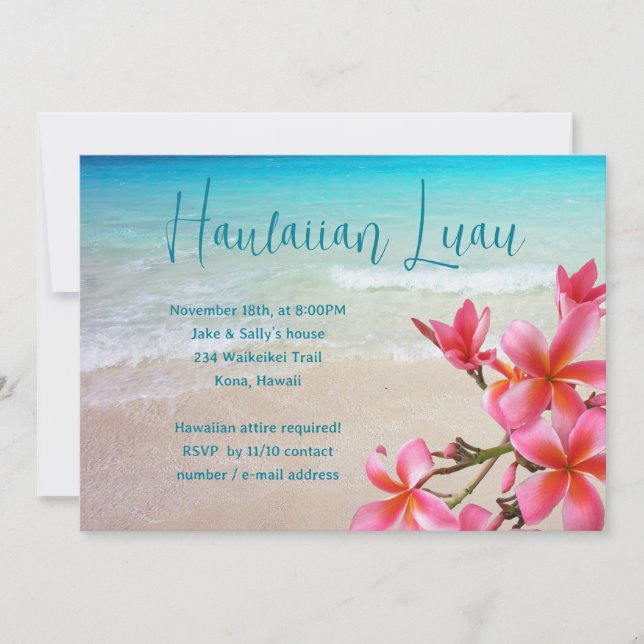 Hawaiian Luau Rosa Plumeria-partiets inbjudningar (Framsida)
