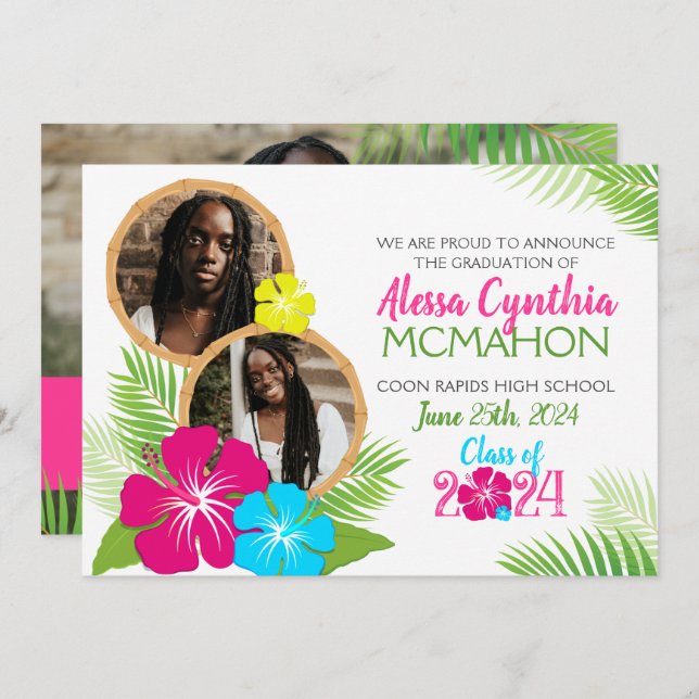 Hawaiian Luau Studenten 3 Photo Announcement Inbjudningar (Fram/baksida)