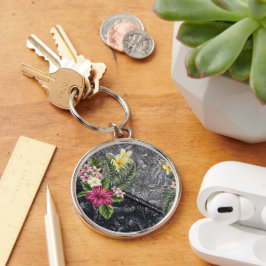 Hawaiian Monstera Tapa och Hibiscus Rund Silverfärgad Nyckelring