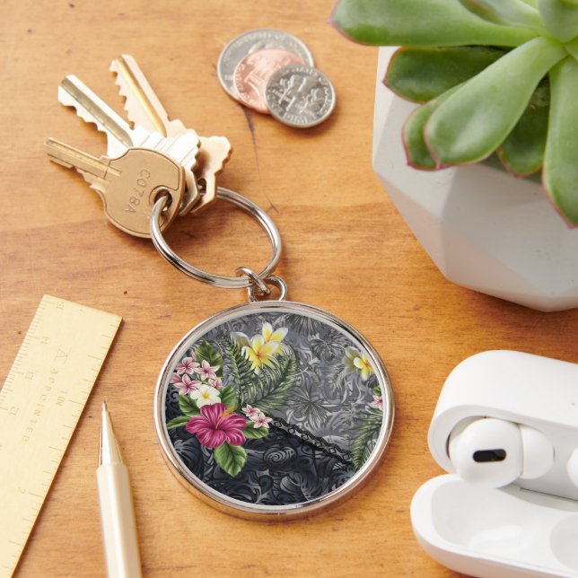 Hawaiian Monstera Tapa och Hibiscus Rund Silverfärgad Nyckelring (Skrivbord)