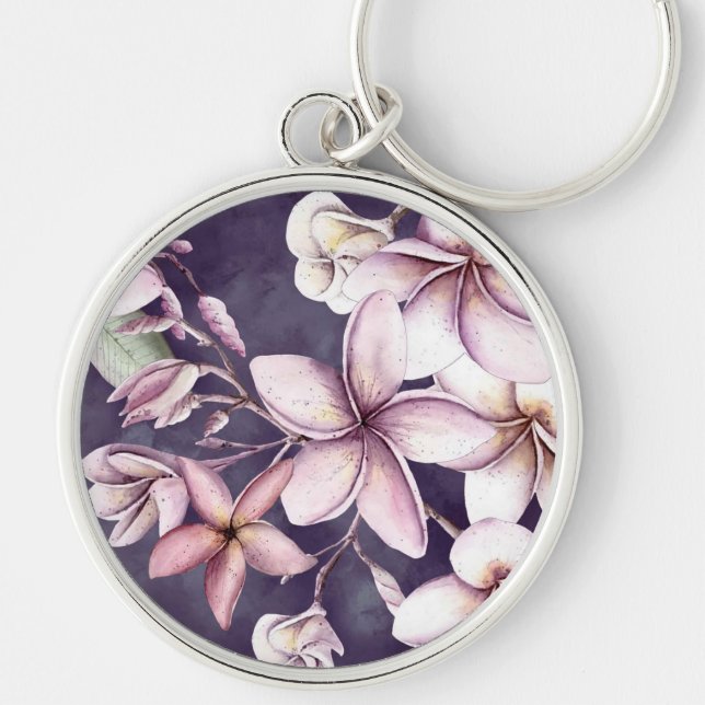 Hawaiian Moonlight Plumeria Rund Silverfärgad Nyckelring (Framsidan)