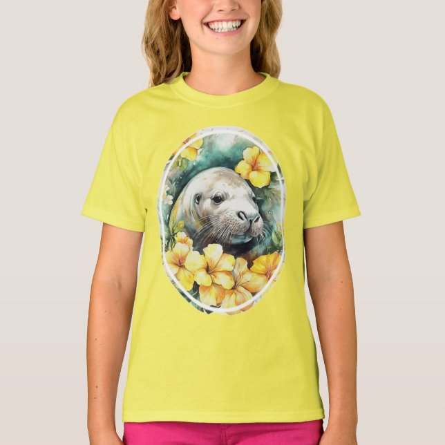 Hawaiian Munk Seal and Gult Hibiscus Flowers T Shirt (Framsida)