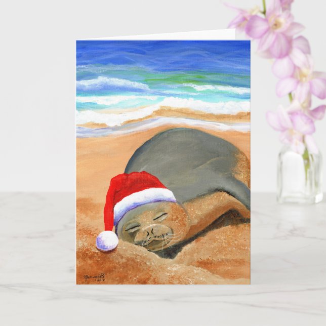 Hawaiian Munk Seal på Beach Mele Kalikimaka Kort (Orkide)